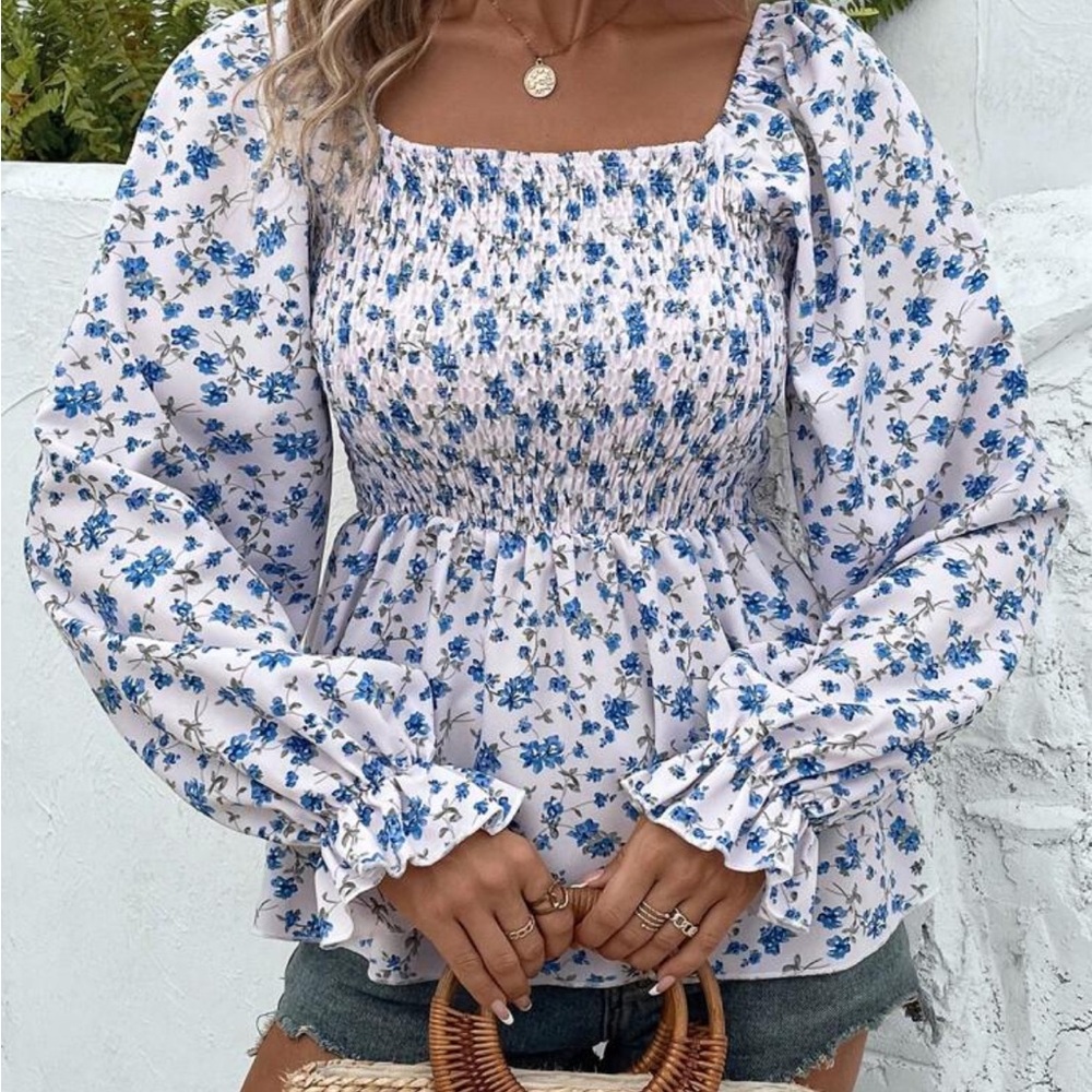 Blue and White Smocked Puff Sleeve Blouse